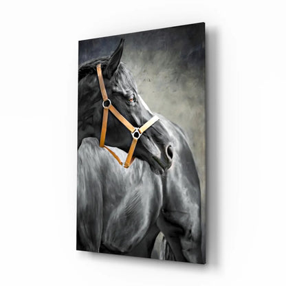 Majestic black horse portrait canvas wall art with tan leather bridle