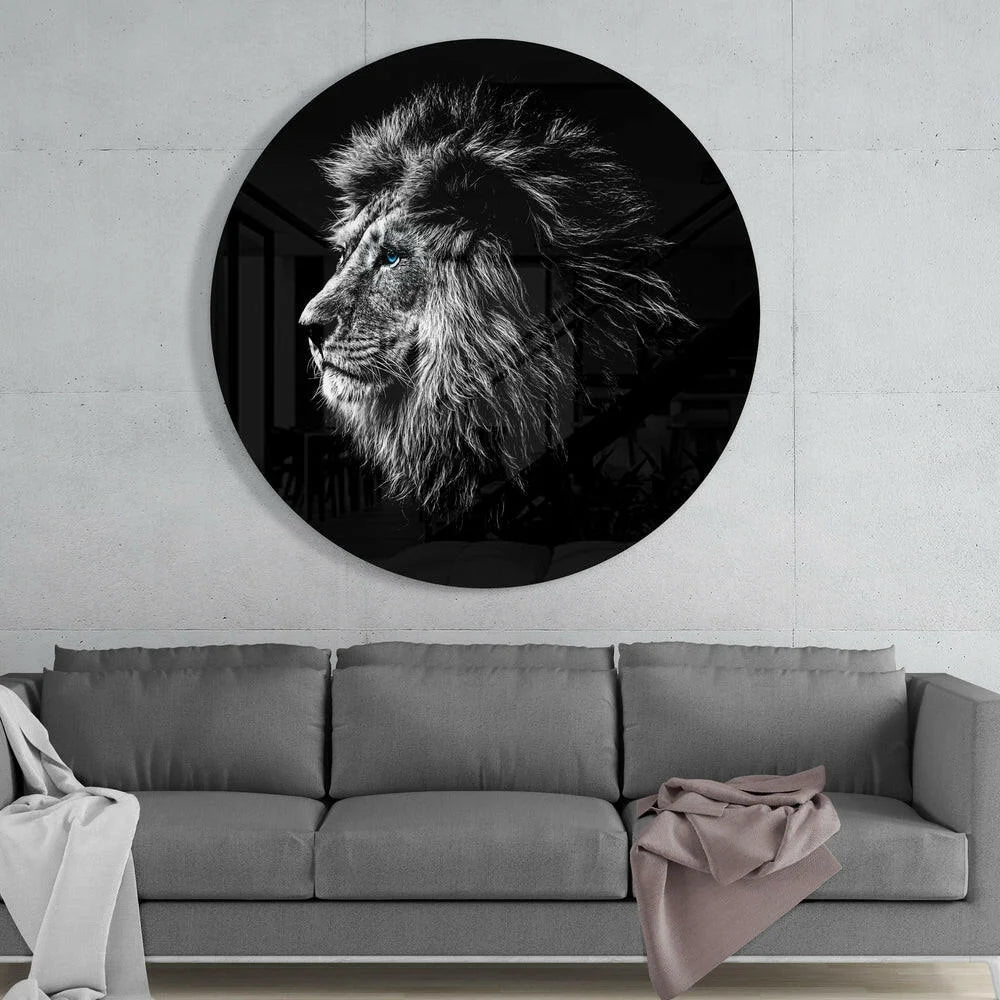 Majestic blue eyed lion black and white tempered glass art