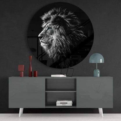 Majestic blue eyed lion in black and white on tempered glass art