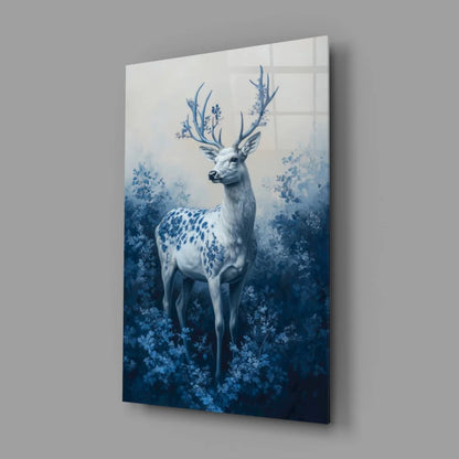 Majestic blue stag glass wall art with snowy white antlers