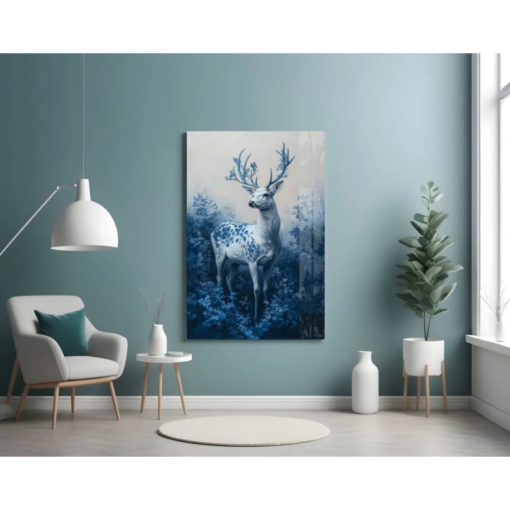 Majestic blue stag glass wall art with snowy white antlers