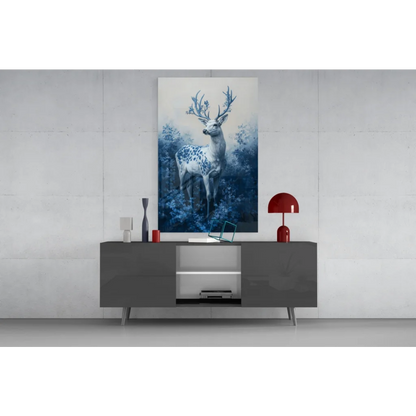 Majestic Blue Stag glass wall art with snowy white antlers
