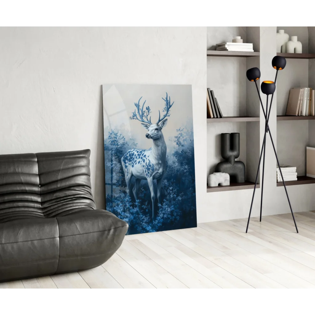 Majestic blue stag glass wall art with snowy white antlers