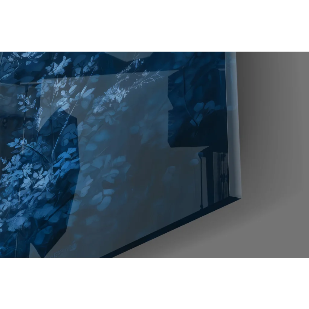 Majestic Blue Stag glass wall art with snowy white antlers