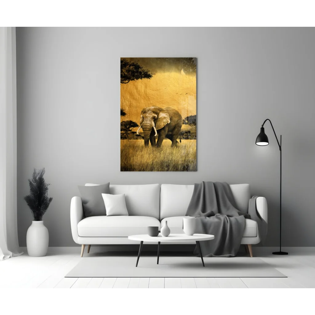 Majestic elephant canvas wall art with golden savanna texture