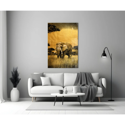 Majestic elephant canvas wall art with golden savanna texture