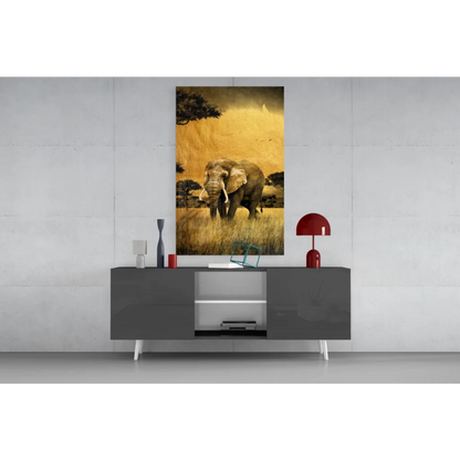 Majestic Elephant canvas wall art with golden savanna texture