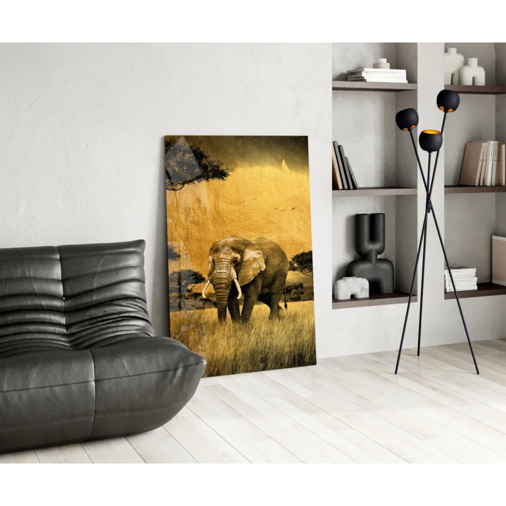 Majestic Elephant Canvas Wall Art with Golden Savanna Texture