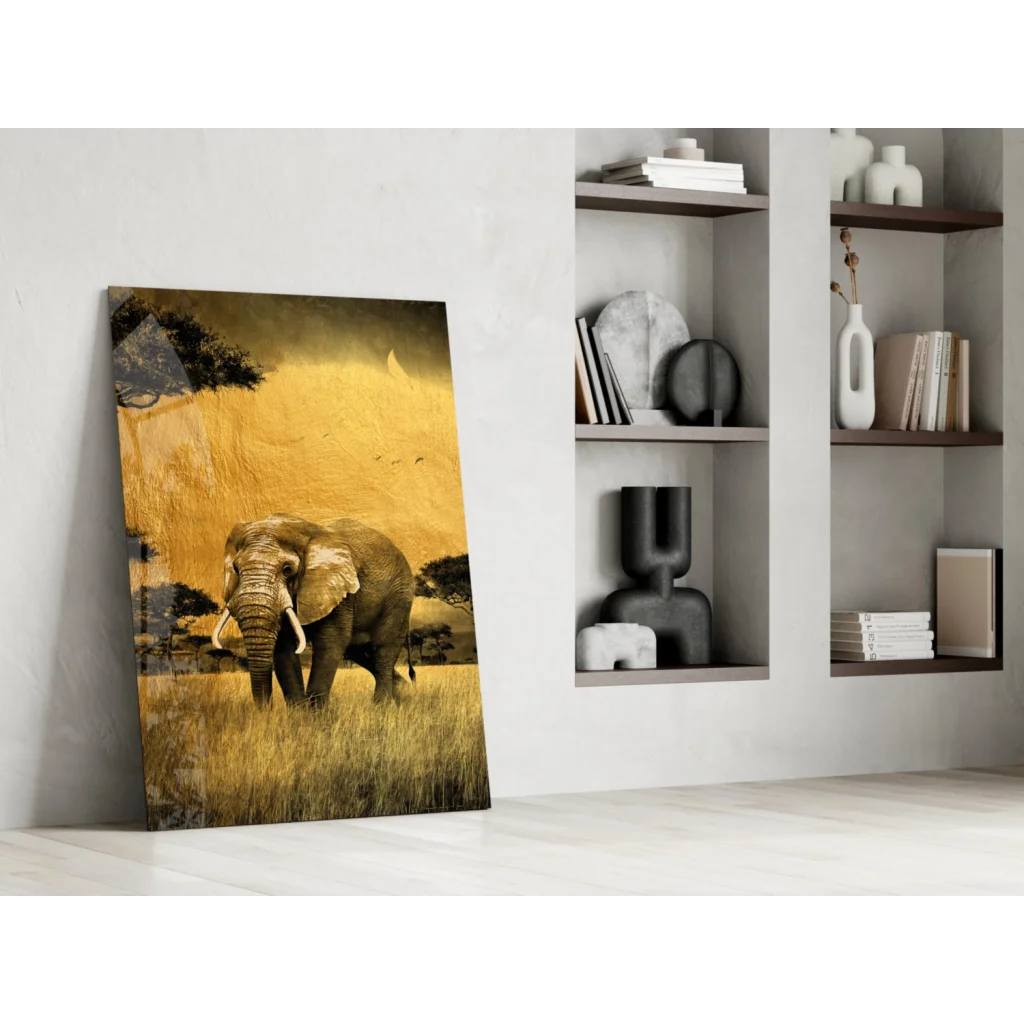 Majestic elephant canvas wall art with golden savanna texture