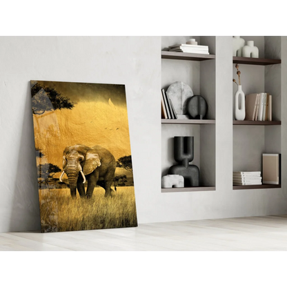 Majestic elephant canvas wall art with golden savanna texture