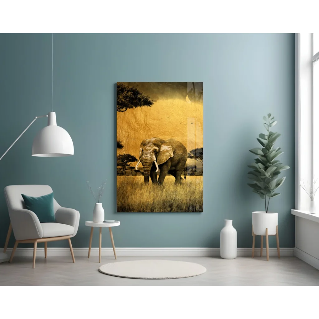 Majestic elephant canvas wall art with golden savanna texture