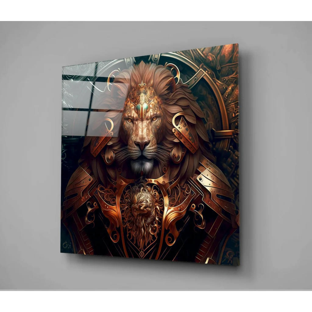 Majestic golden lion armor glass wall art