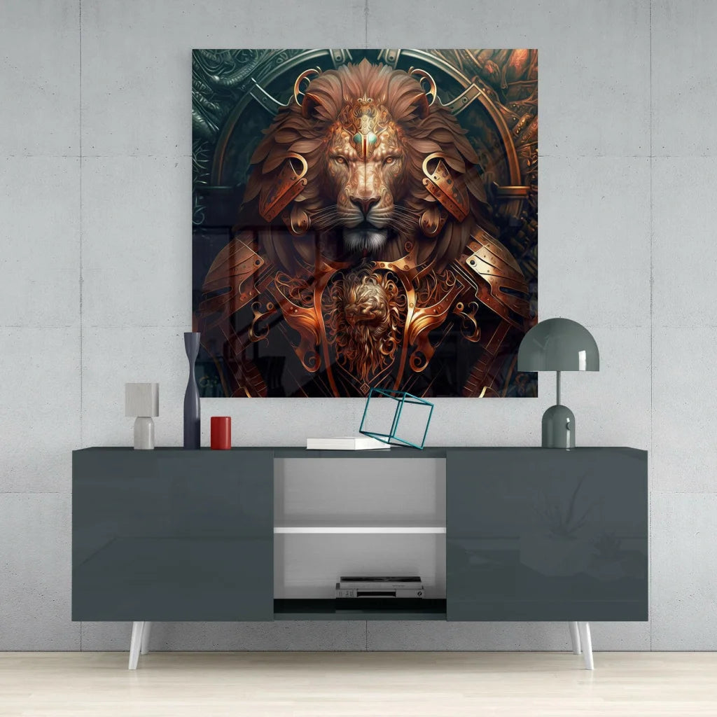 Majestic Golden Lion Armor glass wall art with intricate mechanical details