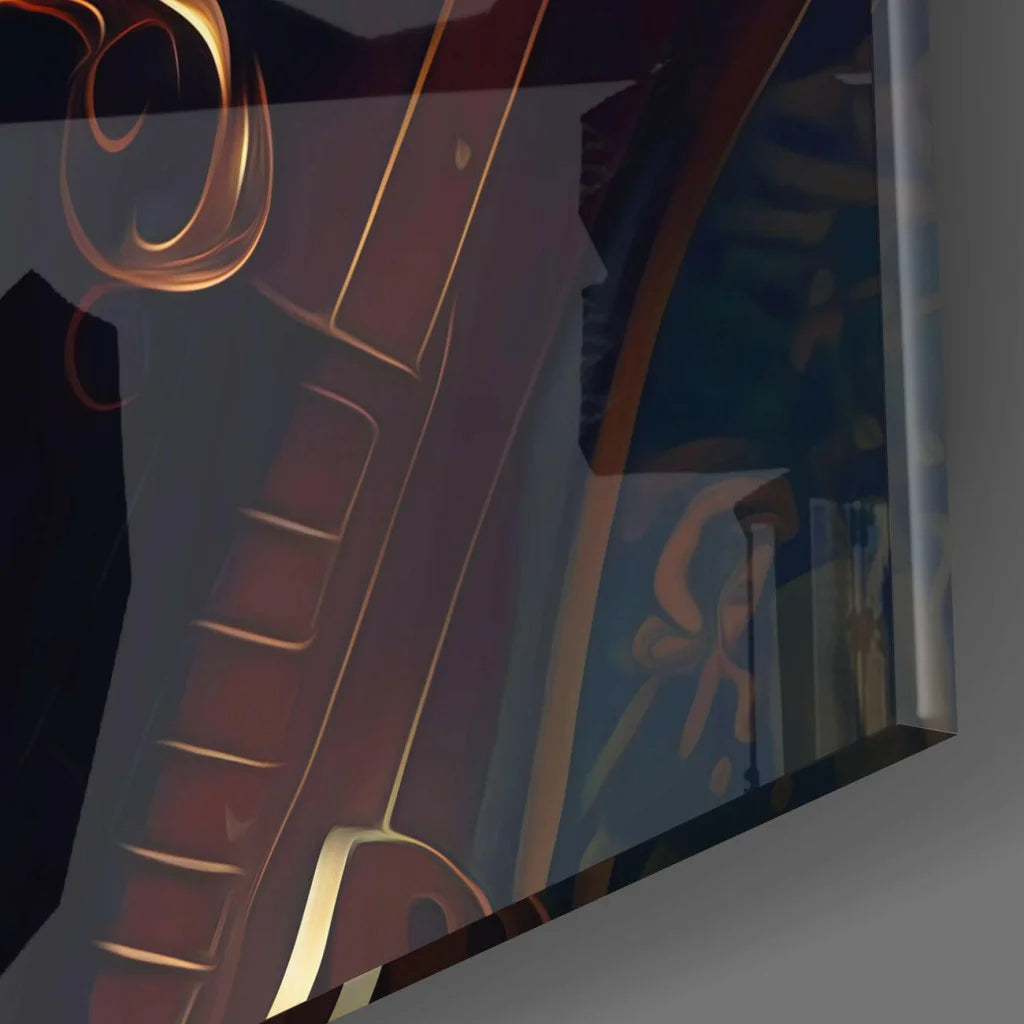 Majestic Golden Lion Armor glass wall art with gold brown leather guitar strap floral design