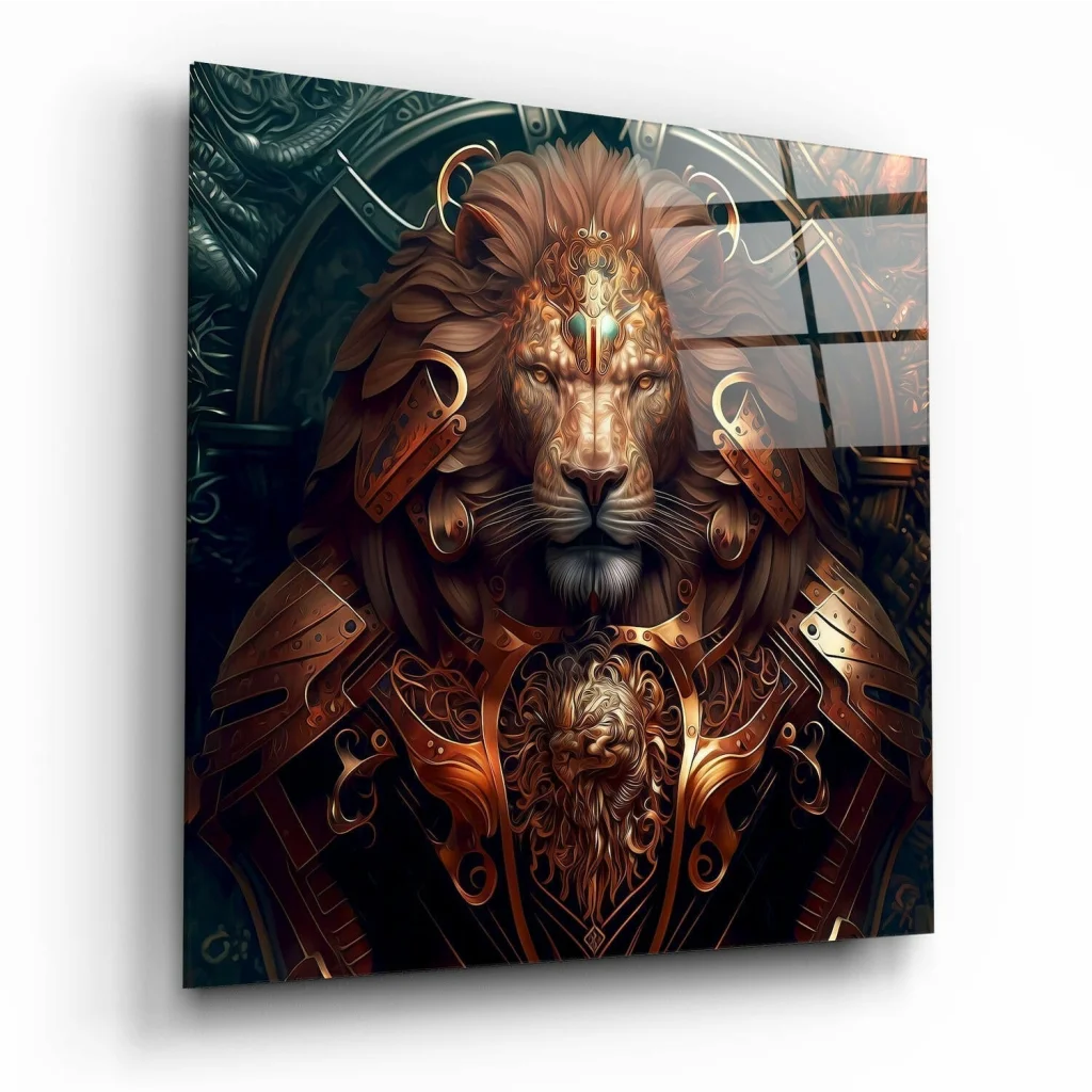 Majestic Golden Lion Armor Glass Wall Art with intricate regal details