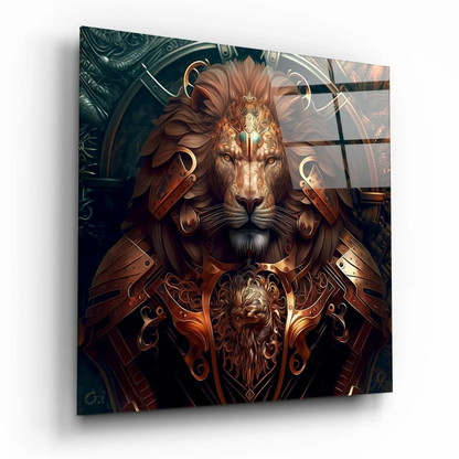 Majestic Golden Lion Armor Glass Wall Art with intricate regal details