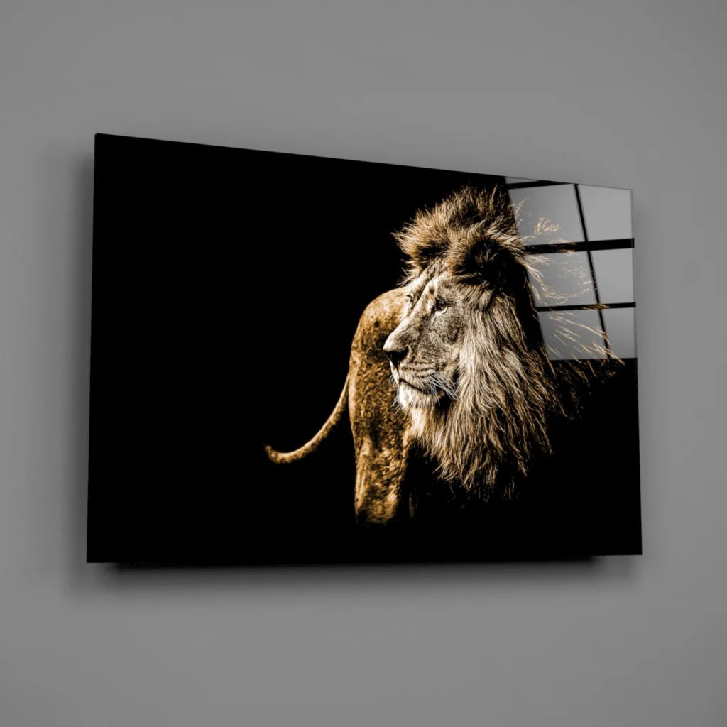 Majestic golden lion canvas wall art on black background