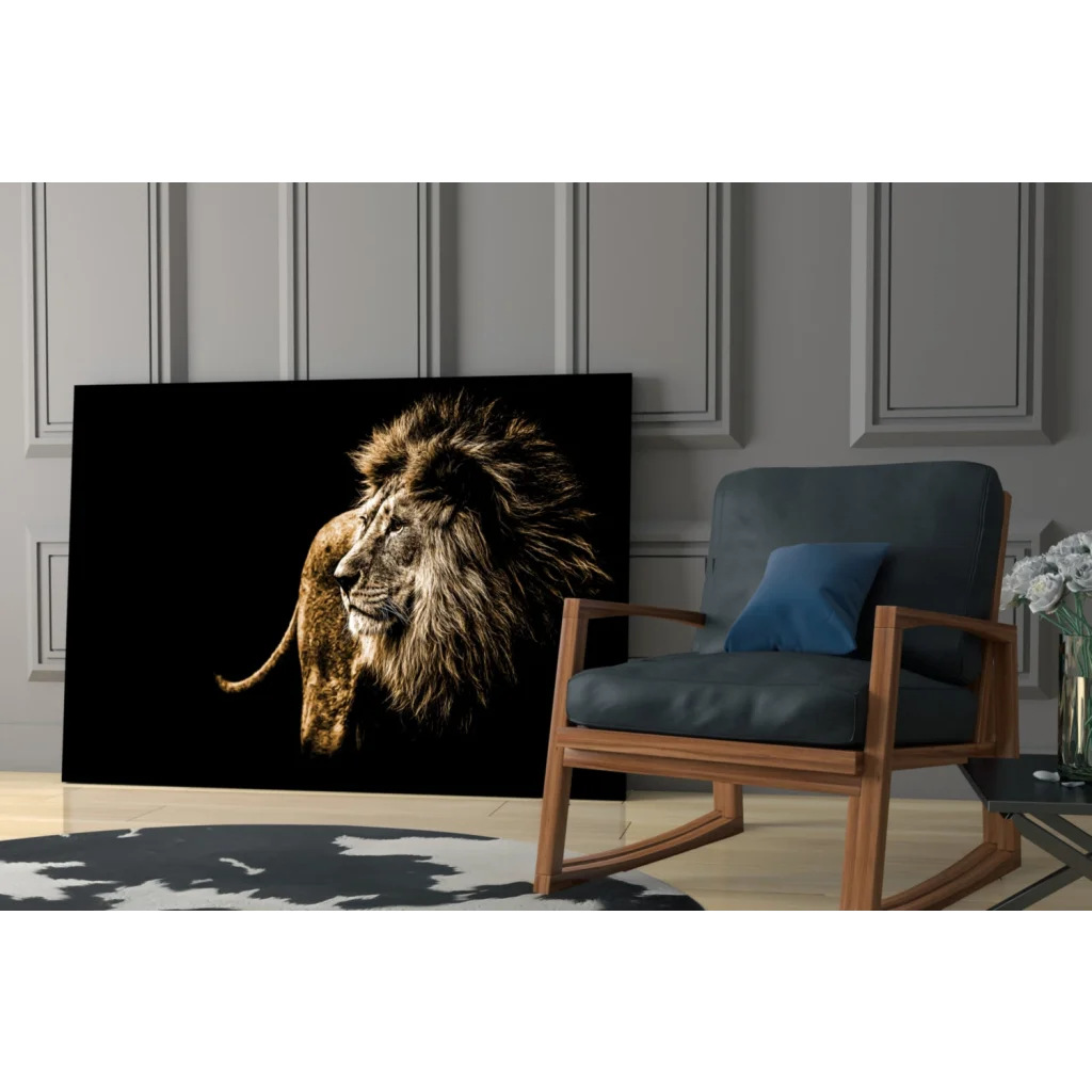 Majestic golden lion head canvas wall art on black background