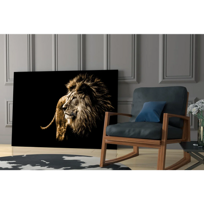 Majestic golden lion head canvas wall art on black background