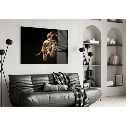 Majestic golden lion canvas wall art on black background