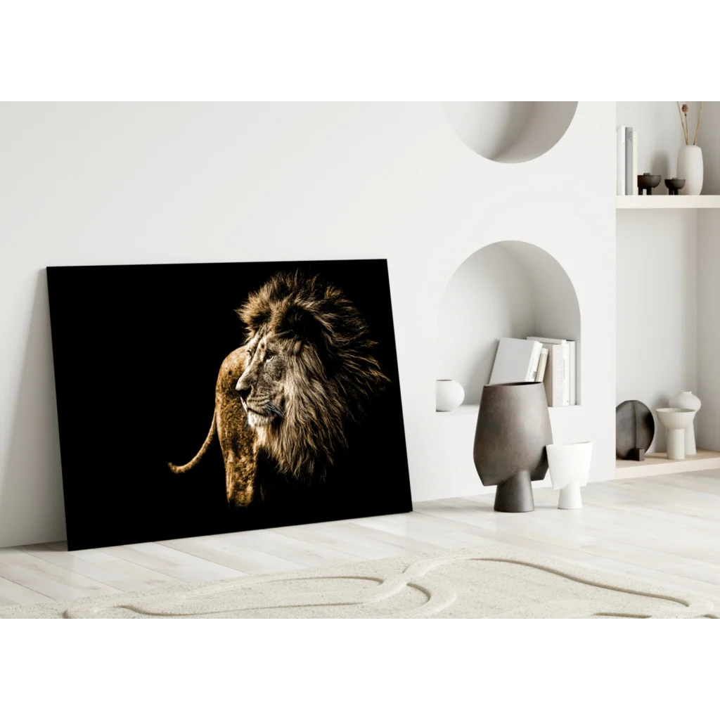 Majestic golden lion canvas wall art on black background