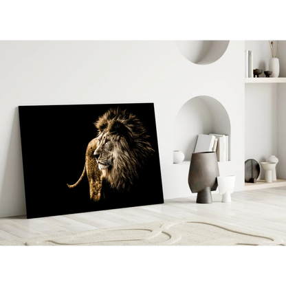 Majestic golden lion canvas wall art on black background