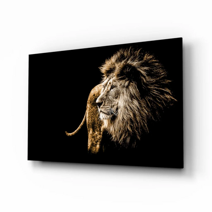 Majestic golden lion canvas wall art on black background