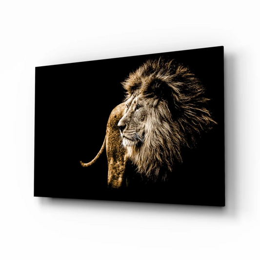 Majestic golden lion canvas wall art on black background