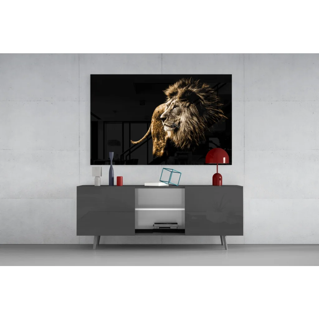 Striking black-and-white lion with golden mane on sleek TV screen, majestic wall art