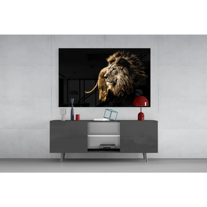 Striking black-and-white lion with golden mane on sleek TV screen, majestic wall art