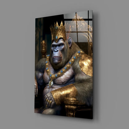 Majestic Gorilla King canvas wall art with gold crown and blue gems