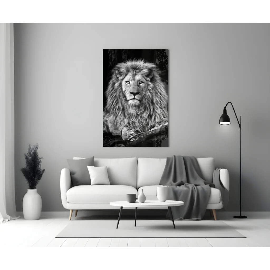 Majestic black and white lion portrait glass wall art