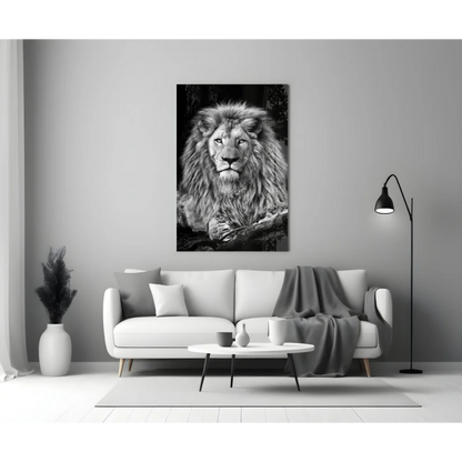 Majestic black and white lion portrait glass wall art