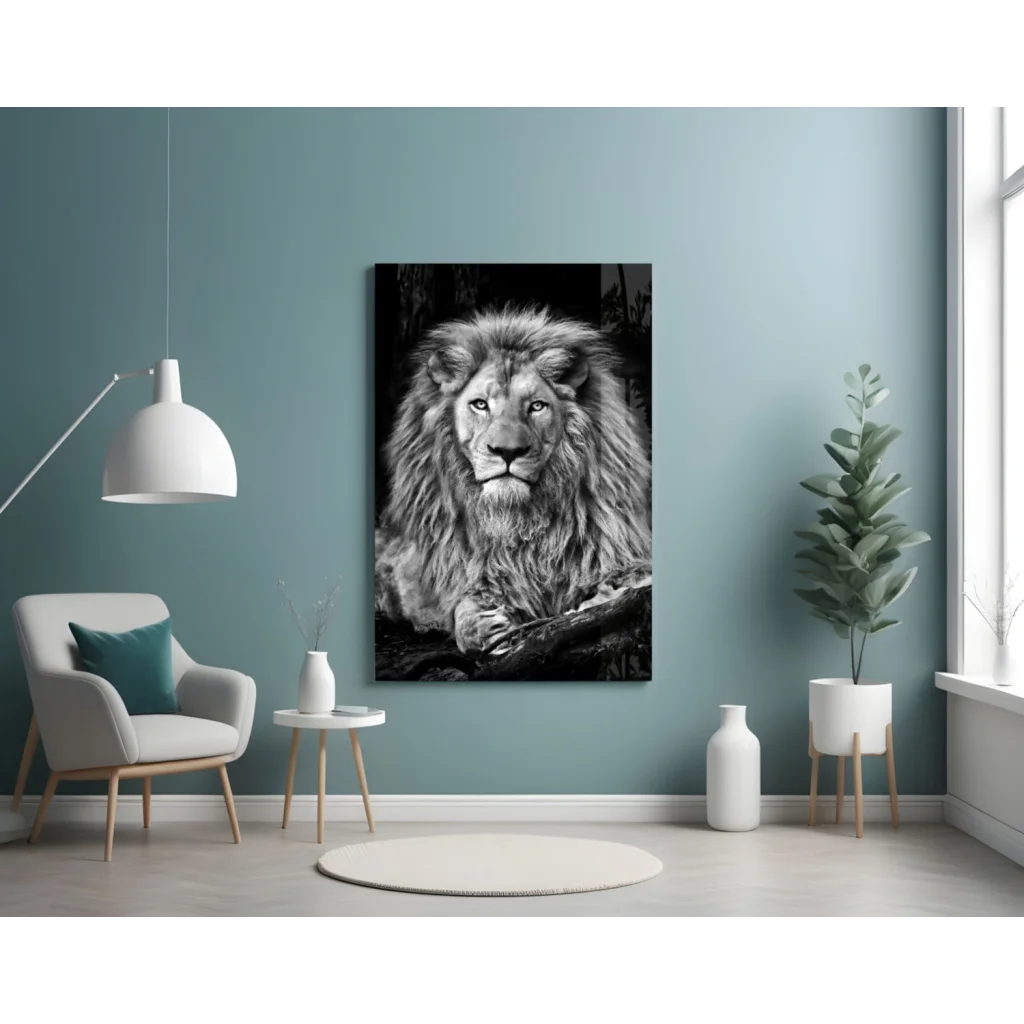 Majestic black and white lion glass wall art on teal wall