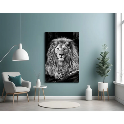 Majestic black and white lion glass wall art on teal wall