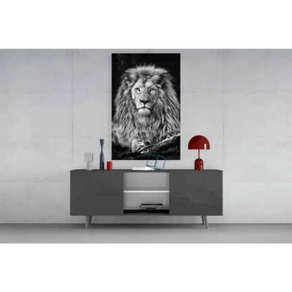Striking black and white lion glass wall art poster