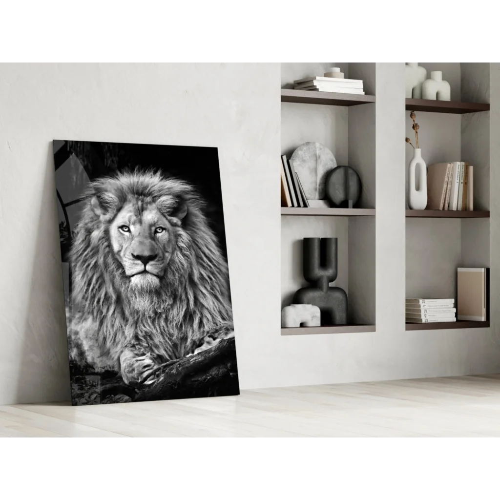 Majestic Lion glass wall art in black and white with textured fur