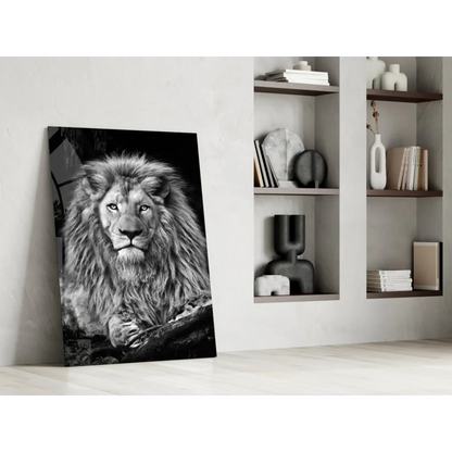 Majestic Lion glass wall art in black and white with textured fur