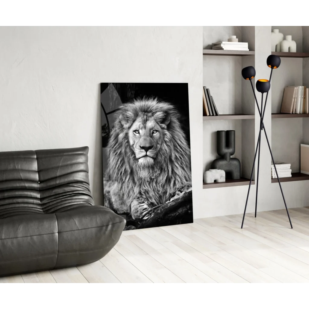 Majestic black and white lion glass wall art print