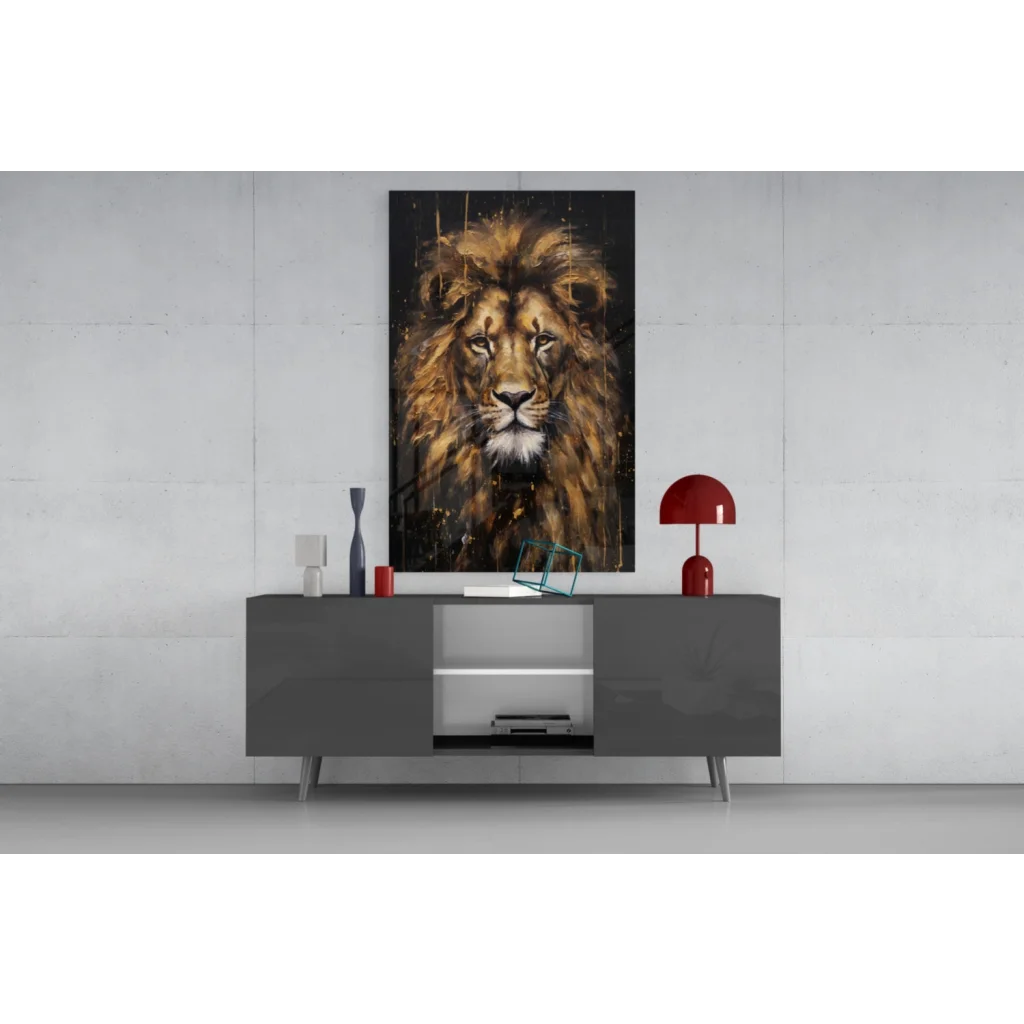 Majestic black and gold lion head glass wall art print on white wall