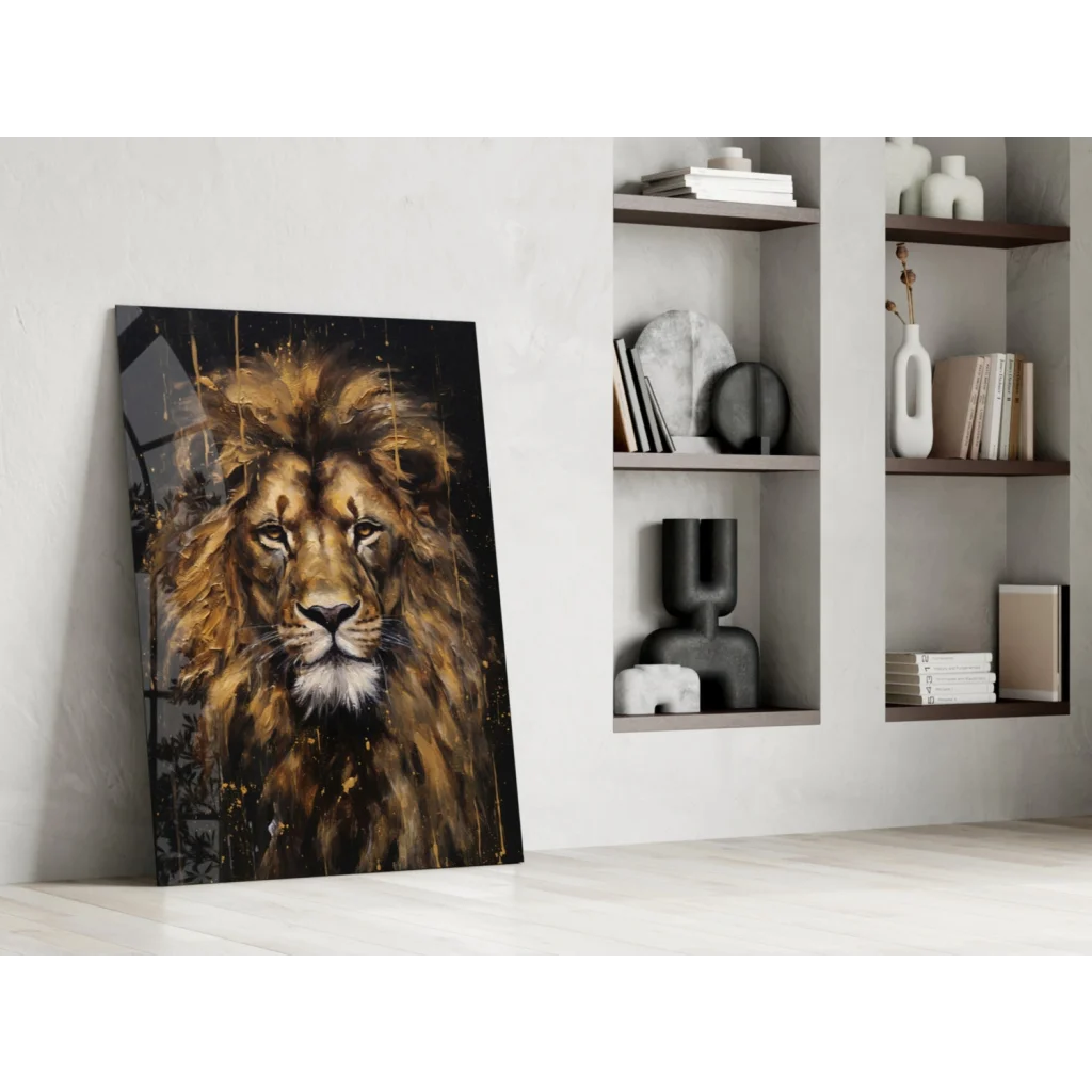 Majestic Lion Head glass wall art print with golden mane