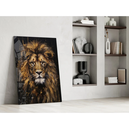 Majestic Lion Head glass wall art print with golden mane