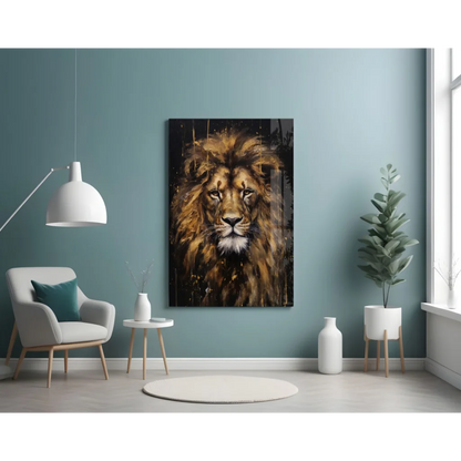 Majestic Lion Head glass wall art with realistic fur on teal background
