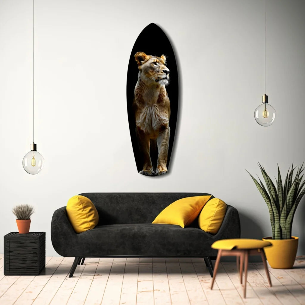 Majestic Lion tempered glass art with black frame and metallic finish