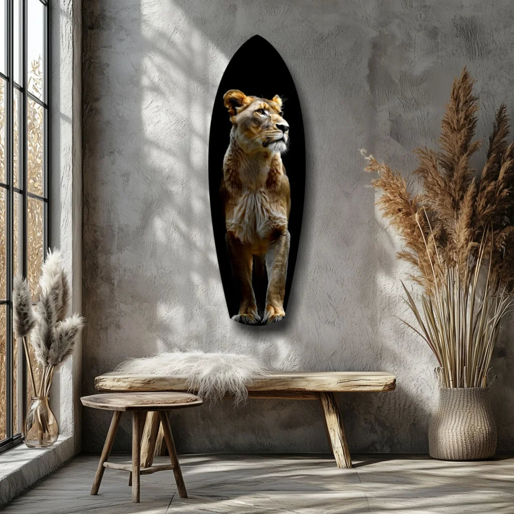 Majestic Lion tempered glass art with realistic 3D fur on arched gray frame