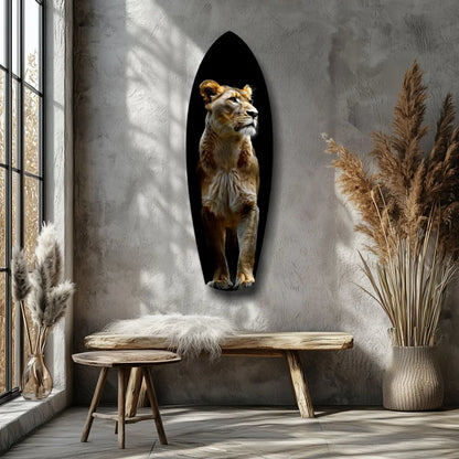 Majestic Lion tempered glass art with realistic 3D fur on arched gray frame