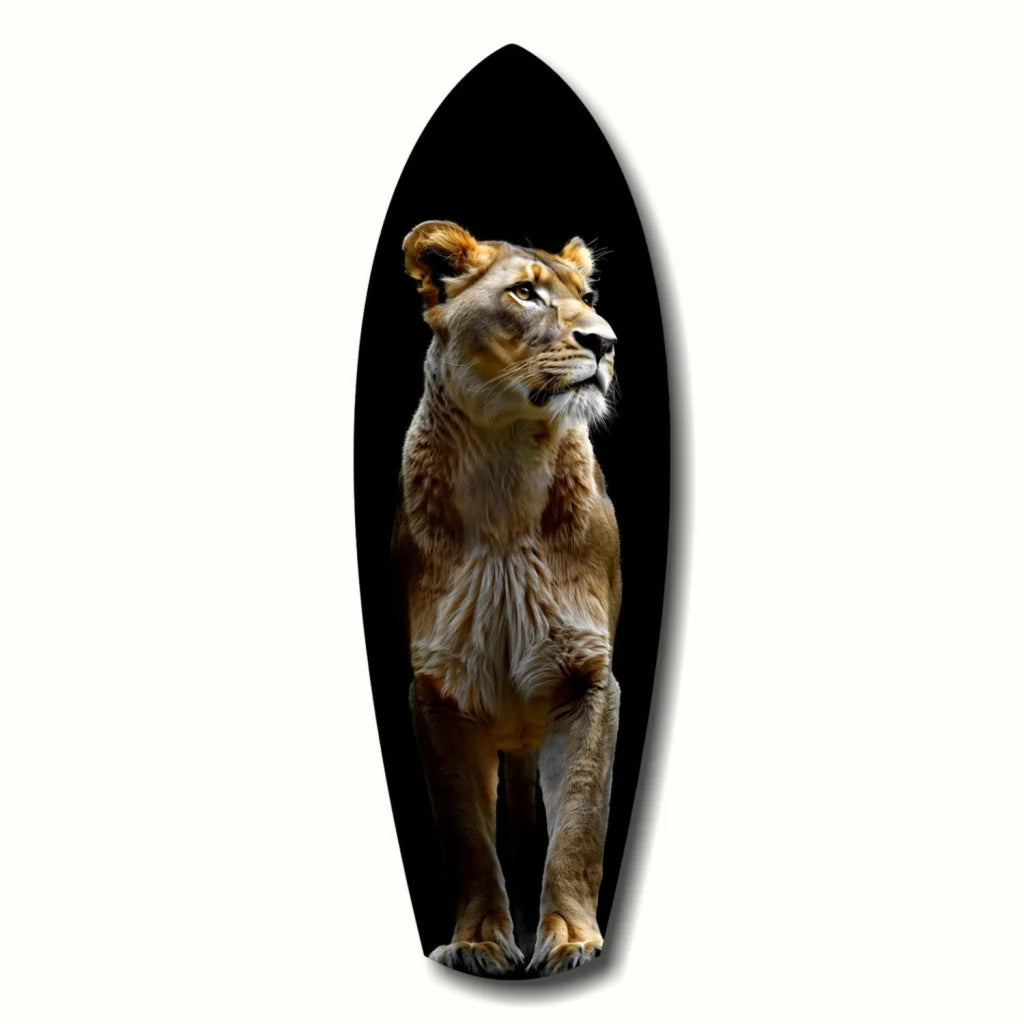Black surfboard with lion on tempered glass art