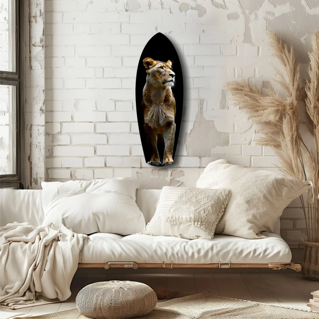 Majestic Lion tempered glass art on black surfboard for modern wall decor