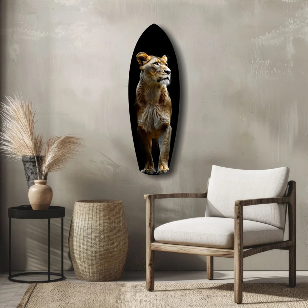 Majestic Lion tempered glass art with black surfboard design