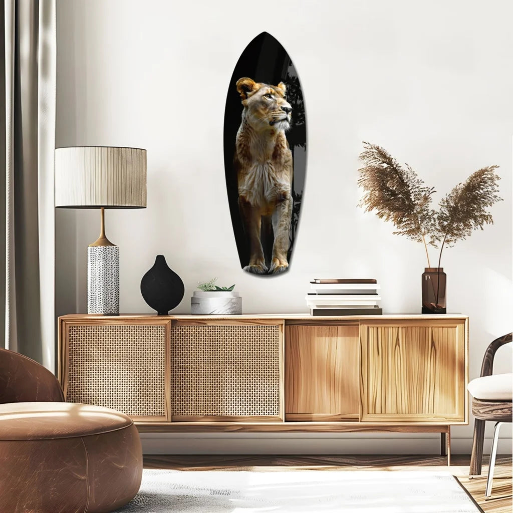 Majestic Lion tempered glass wall art with surfboard design
